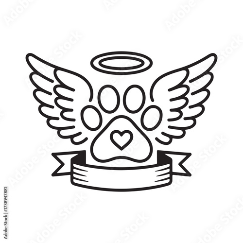 Pet Memorial Paw Print with Angel Wings and Halo