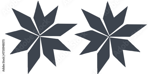 Two identical dark gray starburst shapes, each composed of multiple geometric elements.