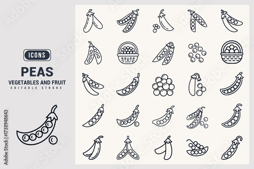 Fresh Organic Garden Peas Healthy Food Vegetable Icon Set White Background.