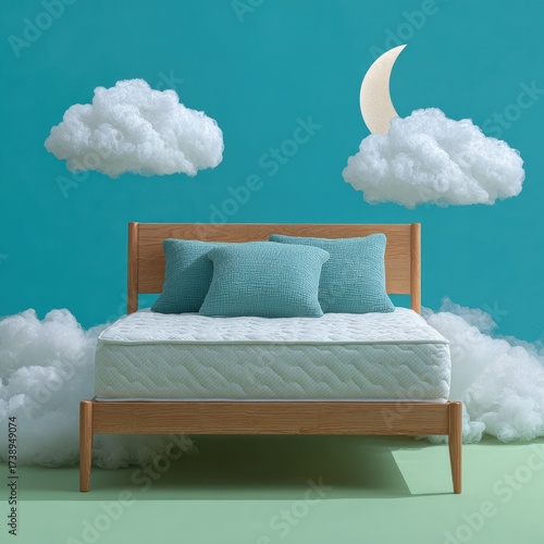 Bed with pillows and mattress in a dreamlike setting with clouds and moon