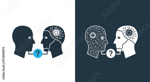 Human and ai head icons representing communication and understanding - Line and glyph solid icon and logo templete