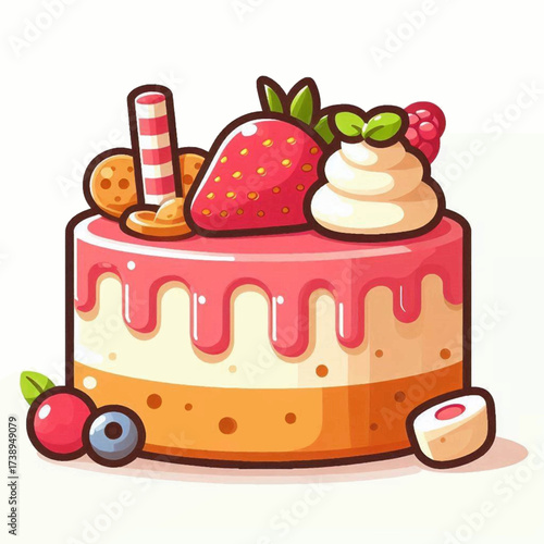 Cartoon cake layered pink icing drip topped with strawberry raspberry cookie candy stick whipped cream