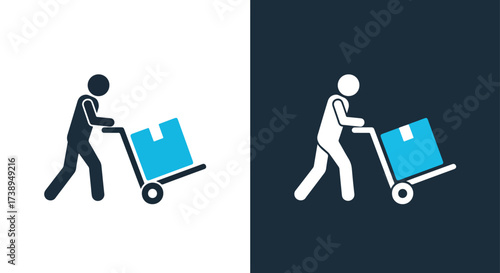 Stick figure pushing a box cart icon for delivery logistics and shipping services - Line and glyph solid icon and logo templete