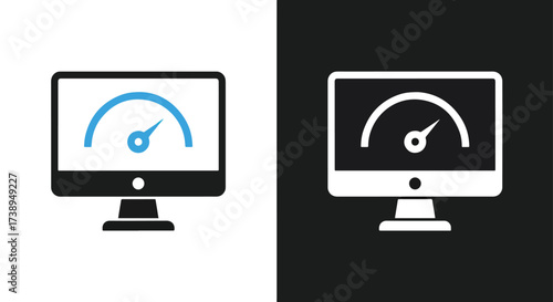 Computer monitor showing speedometer icon performance speed indicator graphic - Line and glyph solid icon and logo templete