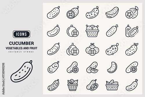 Collection of Fresh Cucumber Icons for Food and Health Applications White Background.