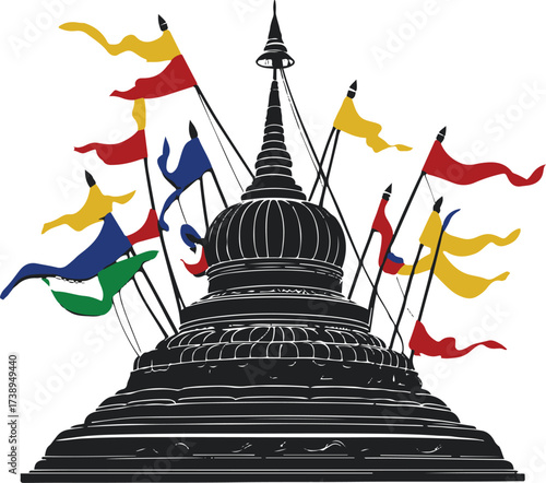 Smooth outline of Buddhist stupa with flags.