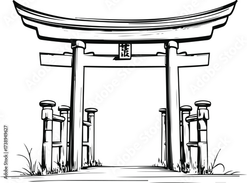 Continuous smooth line drawing of Japanese torii gate 3