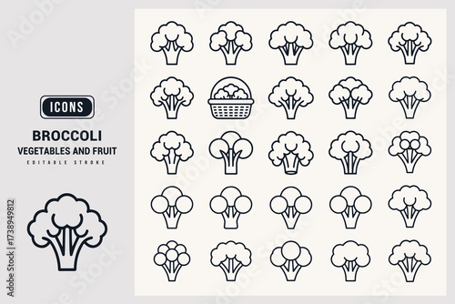 Collection of Fresh Broccoli Vegetable Icons Representing Healthy Food Options White Background.