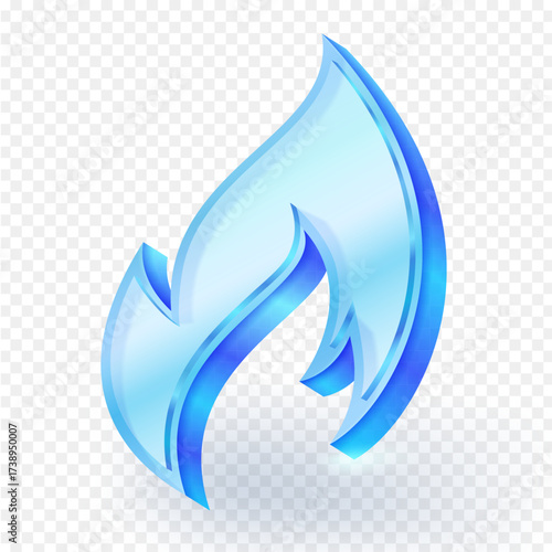 Translucent glass blue flame or fire icon rendered in 3D. Concept for natural gas, cooling, energy, fuel, or a dynamic abstract design element. Vector illustration.