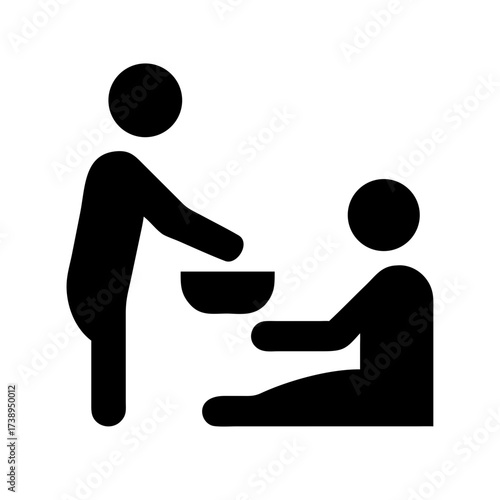 Icon depicting a person giving food to another, symbolizing charity, aid, hunger relief, or social welfare. Excellent for nonprofit websites, donation campaigns, or community service blogs.

