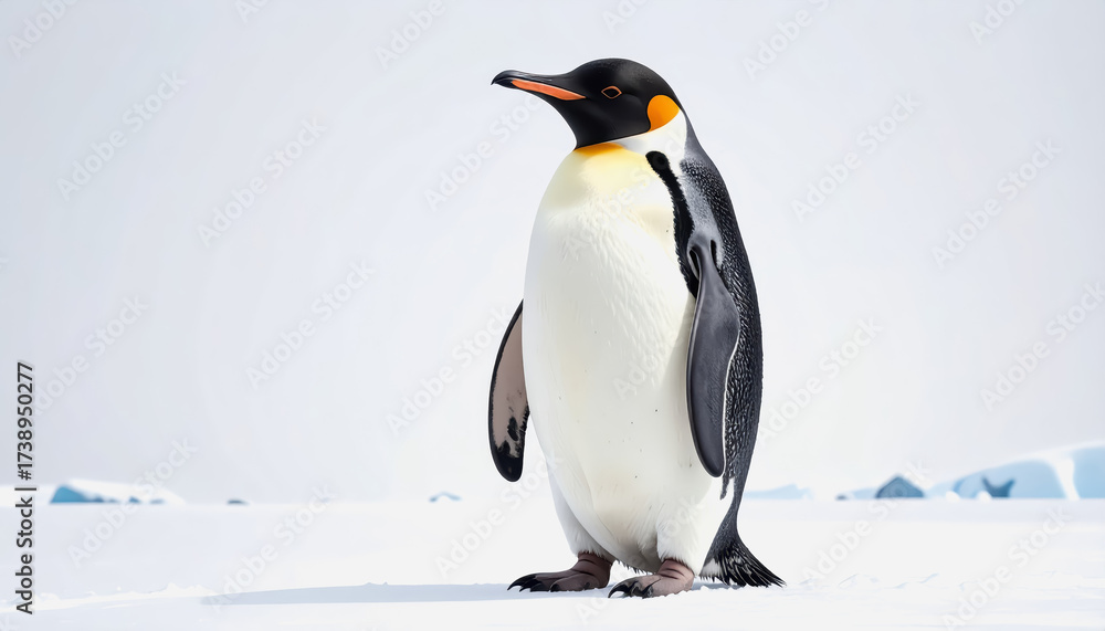 Obraz premium Playful penguin standing on the snowy ground with a bright white background providing ample copy space available