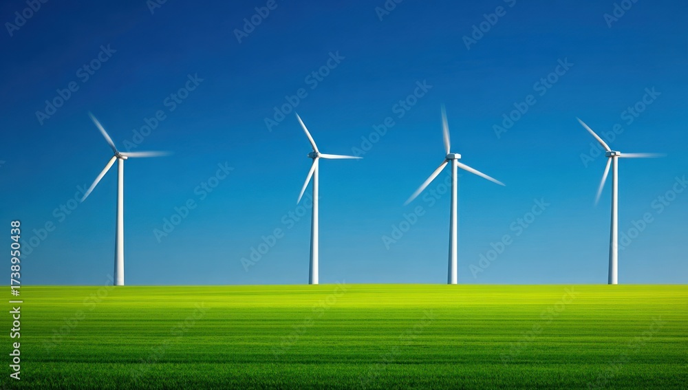 Fototapeta premium Four wind turbines stand tall against a vibrant blue sky, positioned on a field of fresh green grass.