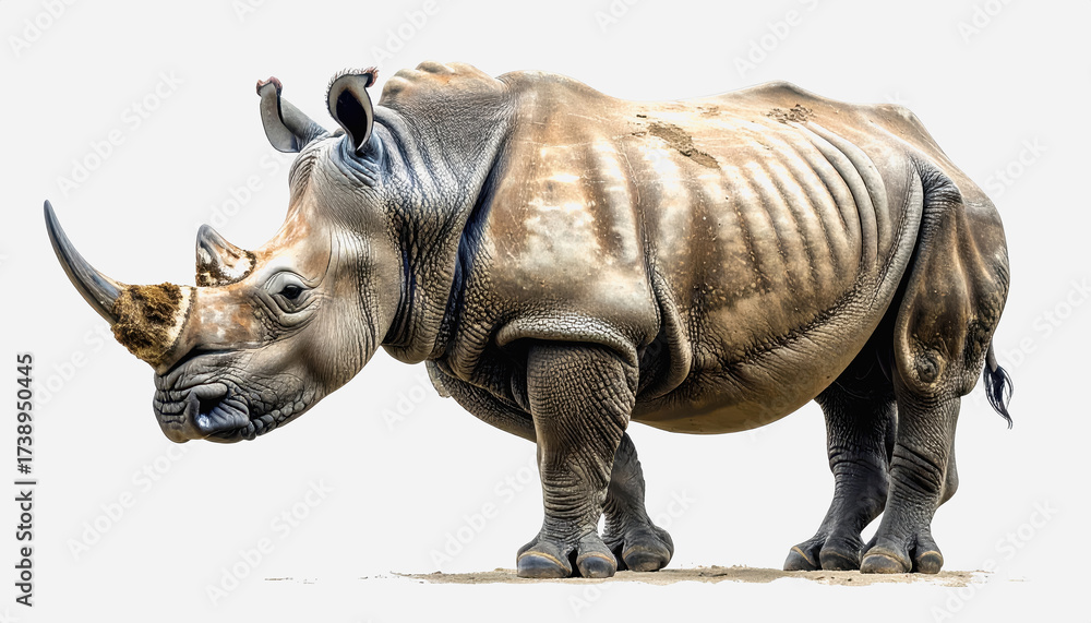 Fototapeta premium Powerful rhinoceros in side profile isolated on white background perfect for nature and wildlife themes