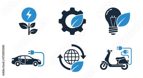 Green energy icons set electric vehicles renewable power sustainability symbol - Line and glyph solid icon and logo templete
