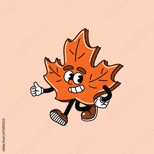 A cheerful cartoon maple leaf character with a friendly face, arms, and legs, giving a thumbs-up gesture, embodying autumn fun. Maple leaf retro vintage mascot.