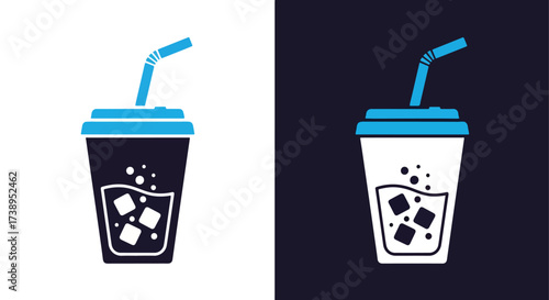 Refreshing cold drink icon with straw and ice cubes ready for your design projects - Line and glyph solid icon and logo templete