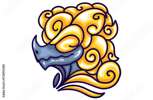 Vector Artwork of a Dragon's Head with Golden Hair Ornaments Seen from the Side