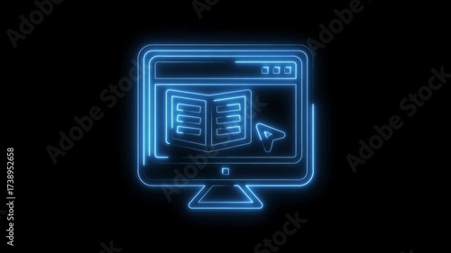 Neon computer screen displaying online education and elearning with book and cursor icon