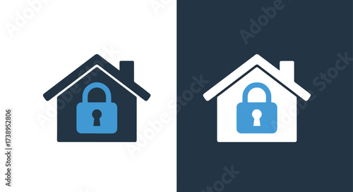 Secure home icon with lock and house symbol for security and safety - Line and glyph solid icon and logo templete