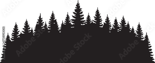 Dark evergreen forest silhouette against a stark white background isolated on white background