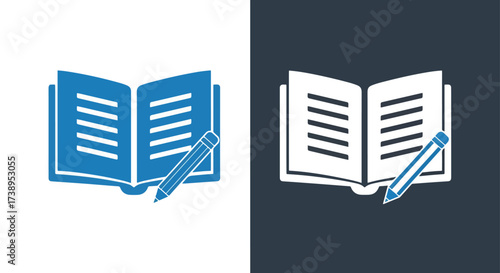 Open book with pencil icon symbol for education writing learning and knowledge - Line and glyph solid icon and logo templete