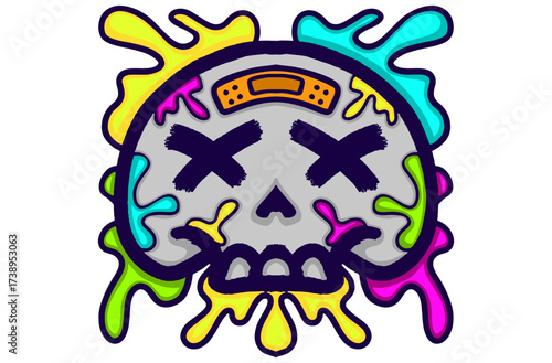 Vector Artwork of Skull with Dead Expression with bandaid on his forehead and some colorful neon paint splashes around him for halloween theme