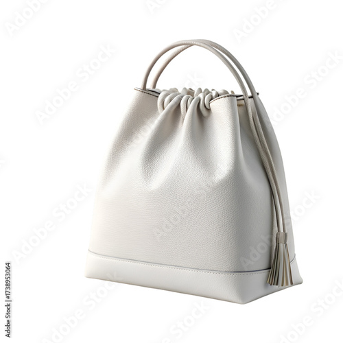 White Leather Drawstring Bucket Bag with Tassel and Handles handbag