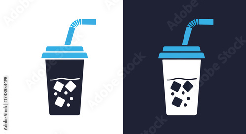 Simple line and glyph icons of refreshing cold drinks with ice cubes and straws - Line and glyph solid icon and logo templete