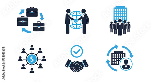 Business icons set icons representing collaboration growth deals and teamwork - Line and glyph solid icon and logo templete