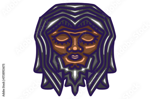 Vector Artwork of a Calm Expression of a Black Man's Head with Long Hair and Beard