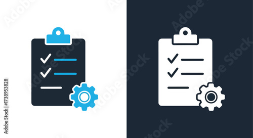 Checklist icon with gear symbol for task management and settings - Line and glyph solid icon and logo templete