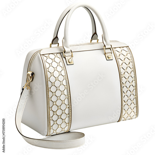 White leather handbag with gold trim and geometric pattern on transparent background purse