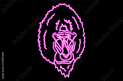 Neon Line art artwork of a Baboon monkey Head With Calm Expression