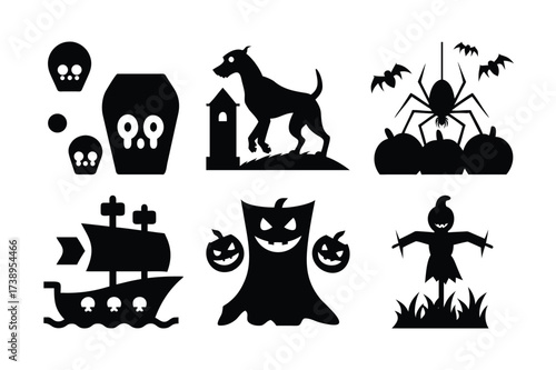 Halloween silhouette icons collection with spooky elements