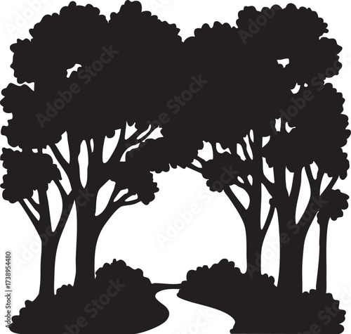 Dark silhouette of lush forest trees and bushes with a winding path isolated on white background