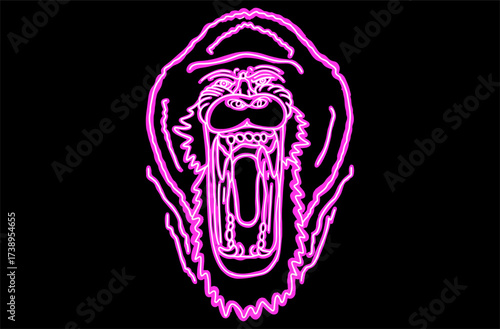 Neon Line art artwork of a Baboon monkey Head With Angry Expression with open mouth