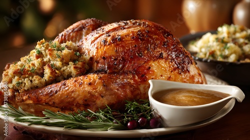 A delicious roasted turkey with stuffing and gravy, a perfect centerpiece for a thanksgiving celebration