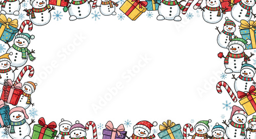 Cute doodle frame with happy snowmen, presents, and candy canes for a winter holiday greeting card. Christmas celebration background with copy space. , copy space