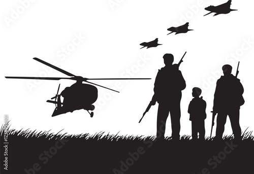 Military family watches helicopters and jets fly over