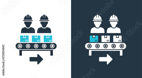 Two workers on a conveyor belt with boxes and downward arrow icon - Line and glyph solid icon and logo templete