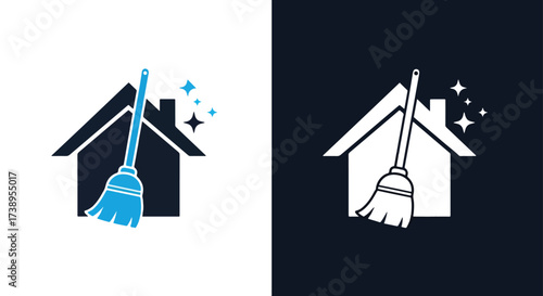 House cleaning icon with broom and sparkling stars representing shine - Line and glyph solid icon and logo templete