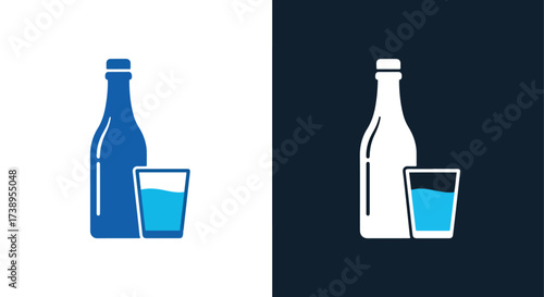 Blue glass bottle and refreshing drink icon simple design concept - Line and glyph solid icon and logo templete