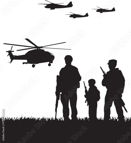 Military family watching helicopters fly overhead