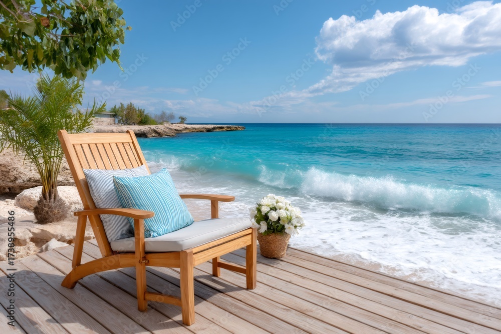 Fototapeta premium Wooden lounge chair relaxing on beach deck by turquoise ocean