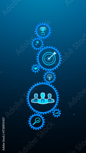 Teamwork and business process concept with glowing gear mechanism, strategy icons, and digital connection elements on futuristic background