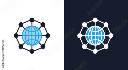 Abstract global network connection icon with futuristic digital globe and node system - Line and glyph solid icon and logo templete