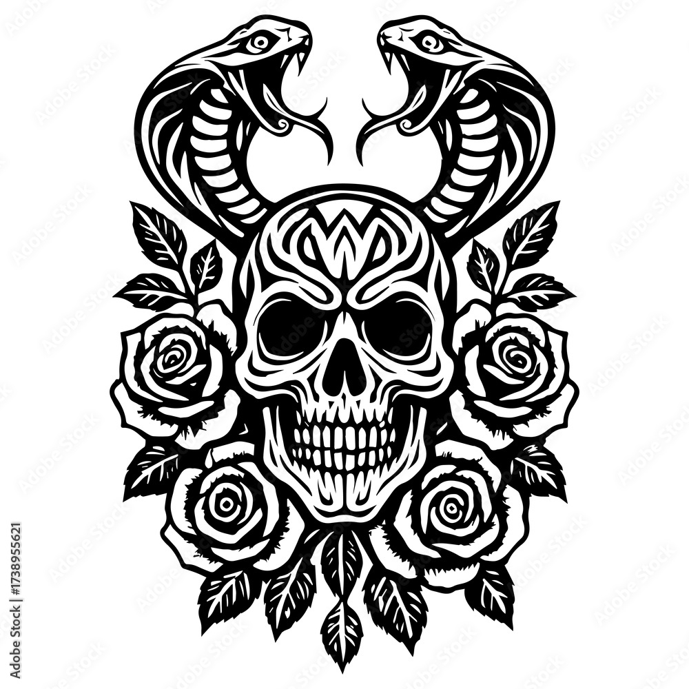 Fototapeta premium Tribal Skull and Cobra with Floral Ornaments Vector Illustration