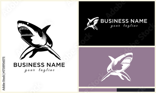 Shark logo in black and white.