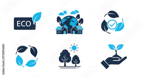 Eco friendly icons set green planet earth nature trees leaves sustainability symbol - Line and glyph solid icon and logo templete