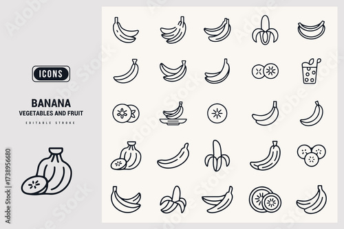Collection of Fresh Banana Fruit Icons for Healthy Eating and Nutrition White Background.